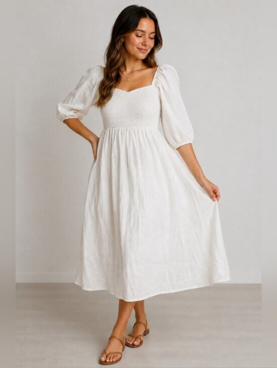 LC Lauren Conrad Dresses & Skirts - Lauren Conrad Linen White Puff-Sleeve Smocked Bodice Dress Large Cottagecore